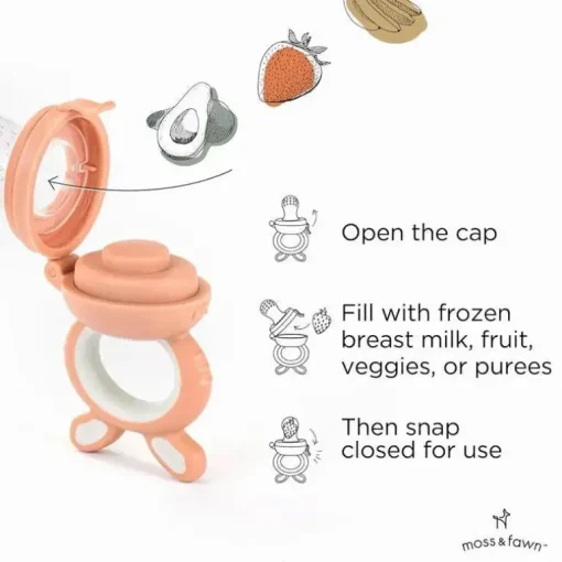 Moss &amp; Fawn - Alimentador de forragem, brinquedo de dentição de comida para bebê congelada de silicone calmante, Bloom