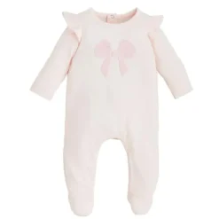 Mud Pie - Baby Girl Pink Boucle Bow Sleeper, 6/9M