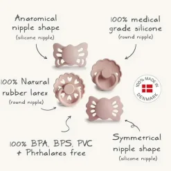 Mushie - a primeira chupeta do bebê Frigg? Conjunto, Pacote de 4 Coração Floral, Sem BPA, 0 a 6 Meses, Blush