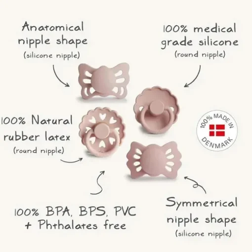 Mushie - a primeira chupeta do bebê Frigg? Conjunto, Pacote de 4 Coração Floral, Sem BPA, 0 a 6 Meses, Blush