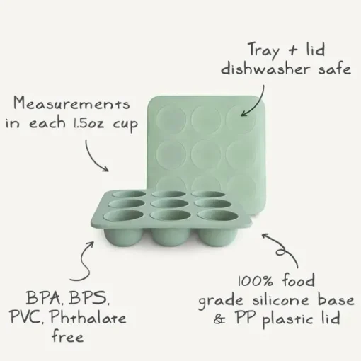 Mushie - Bandeja de silicone para freezer de comida para bebê com tampa, 9 xícaras de 1,5 onças, Tradewinds