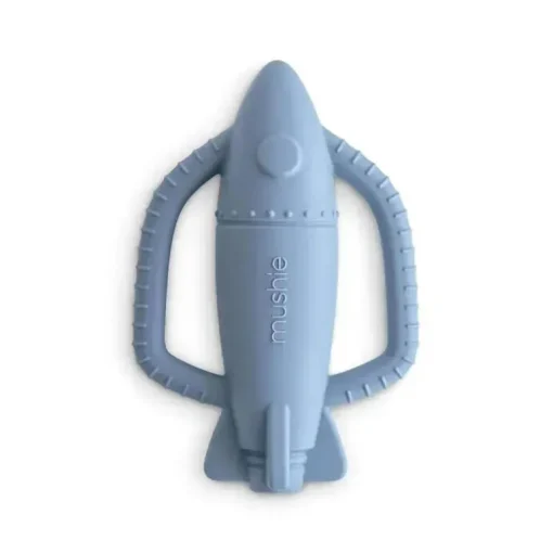 Mushie - Brinquedo mordedor de silicone para bebê com chocalho de foguete