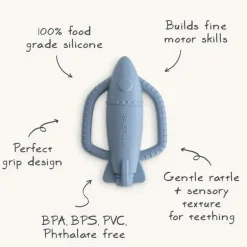 Mushie - Brinquedo mordedor de silicone para bebê com chocalho de foguete