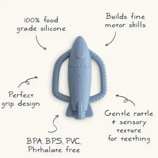 Mushie - Brinquedo mordedor de silicone para bebê com chocalho de foguete