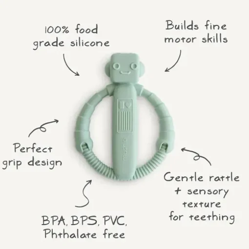 Mushie - Brinquedo mordedor de chocalho robô bebê de silicone