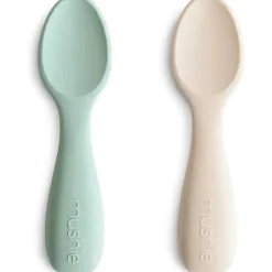 Mushie - colheres de silicone para crianças pequenas, pacote com 2, Cambridge Blue/Shifting Sand