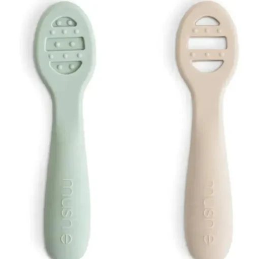 Mushie - Colheres de silicone para primeira alimentação para bebês, pacote com 2, Cambridge Blue, areia móvel