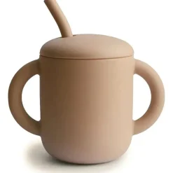 Mushie - Copo de treinamento de silicone e canudo, natural