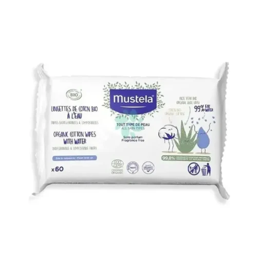 Mustela - Toalhitas de Água Orgânica Certificada com Algodão e Aloe 60Ct