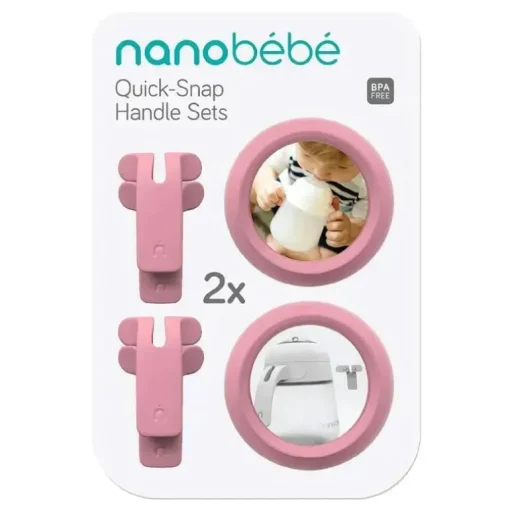 Nanobebe - Conjuntos de alças de encaixe rápido para mamadeira de silicone flexível, pacote com 2 rosa