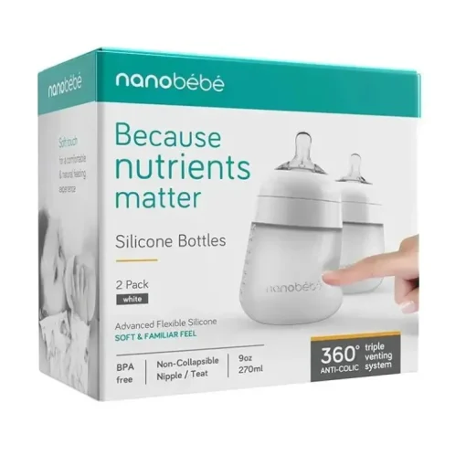 Nanobebe - mamadeira de silicone 2 unidades 9 onças, branca