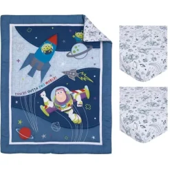 Nojo - Disney Toy Story Outta This World Azul e cinza Buzz Lightyear 4 peças conjunto de cama para berço de berçário - edredom, lençol de berço ajustado, trocador
