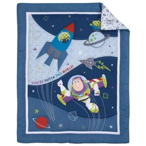 Nojo - Disney Toy Story Outta This World Azul e cinza Buzz Lightyear 4 peças conjunto de cama para berço de berçário - edredom, lençol de berço ajustado, trocador