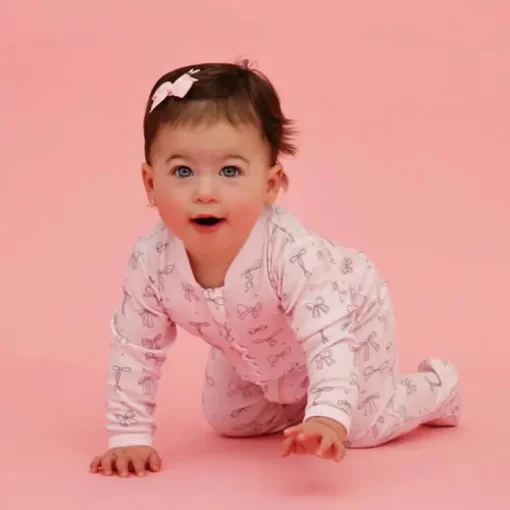 Noomie - Baby Girl Bows Zipper Footie With Ruffles