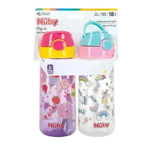 Nuby - 2 unidades de garrafa de água ativa flip-it impressa para crianças 18 milhões ou mais, as impressões podem variar