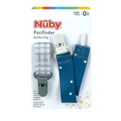 Nuby - Boy 2Pk suporte de clipe de chupeta de tecido impresso com clipe de plástico, xadrez cinza/estrelas azuis