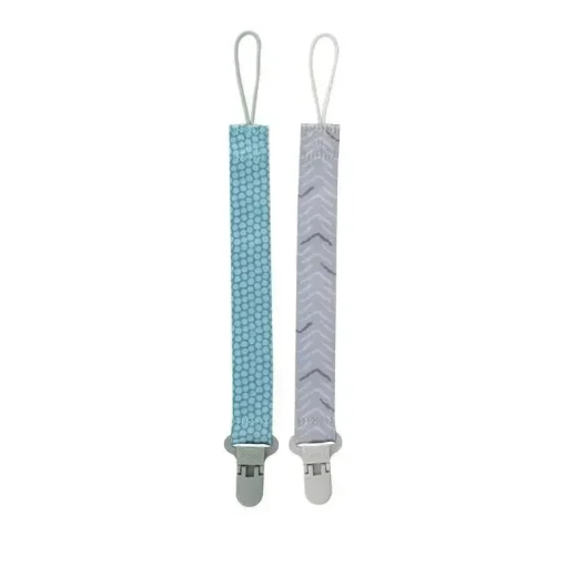 Nuby - Boy 2Pk suporte para clipe de chupeta de tecido impresso com clipe de plástico, pontos verdes/setas cinza
