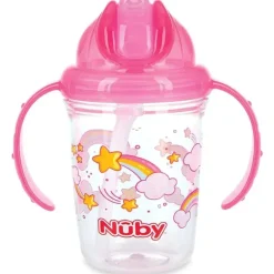 Nuby - Copo estampado de canudo com 2 alças, sem derramamento, Flip-it, tritan rosa, 8 onças