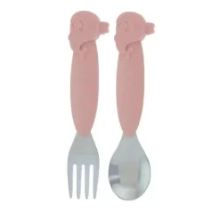 Nuby - Garfo e colher de baleia de silicone/aço inoxidável, rosa