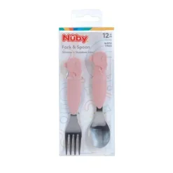 Nuby - Garfo e colher de baleia de silicone/aço inoxidável, rosa
