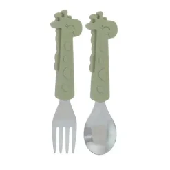 Nuby - Garfo e Colher Girafa de Silicone em Aço Inoxidável - Verde