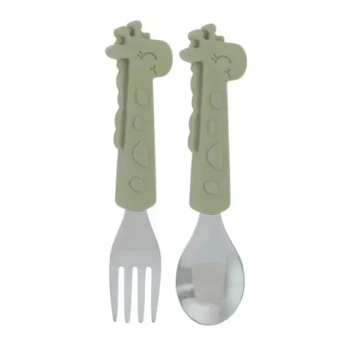 Nuby - Garfo e Colher Girafa de Silicone em Aço Inoxidável - Verde