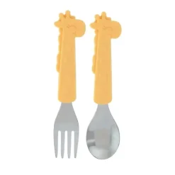 Nuby - Garfo e Colher Girafa de Silicone em Aço Inoxidável - Amarelo