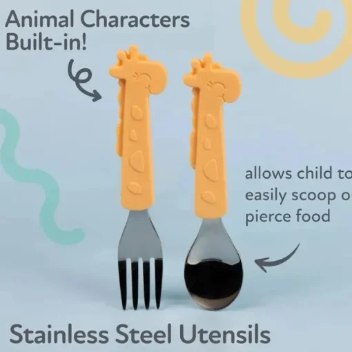 Nuby - Garfo e Colher Girafa de Silicone em Aço Inoxidável - Amarelo