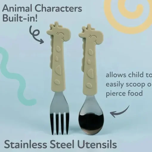 Nuby - Garfo e Colher Girafa de Silicone em Aço Inoxidável - Verde