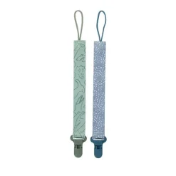 Nuby - 2Pk suporte para clipe de chupeta de tecido estampado para meninos com clipe de plástico, pontos azuis/verde Dino
