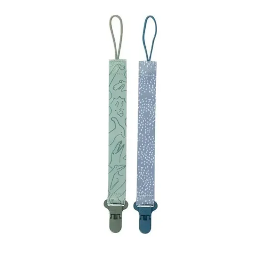 Nuby - 2Pk suporte para clipe de chupeta de tecido estampado para meninos com clipe de plástico, pontos azuis/verde Dino