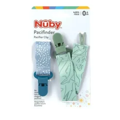 Nuby - 2Pk suporte para clipe de chupeta de tecido estampado para meninos com clipe de plástico, pontos azuis/verde Dino