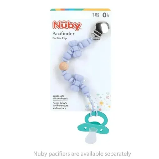 Nuby - Porta-chupeta com miçangas de silicone/madeira e clipe de aço inoxidável, gravata borboleta