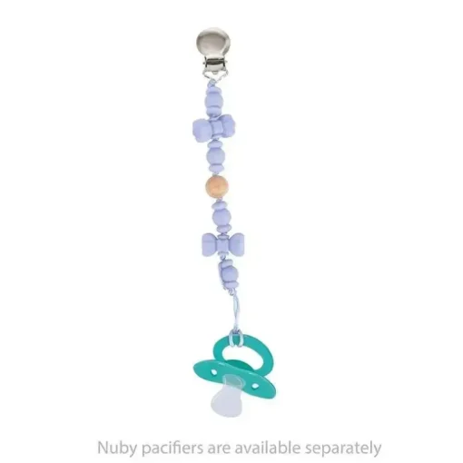 Nuby - Porta-chupeta com miçangas de silicone/madeira e clipe de aço inoxidável, gravata borboleta