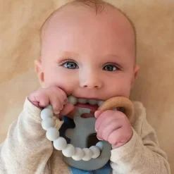 Nuby - Pulseira de Dentição de Silicone e Madeira, Cinza