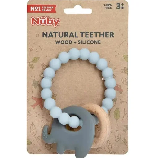 Nuby - Pulseira de Dentição de Silicone e Madeira, Cinza