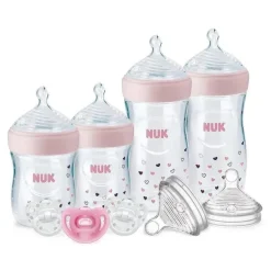 Nuk - Mamadeiras Simply Natural com conjunto de presente SafeTemp, rosa, 4 mamadeiras, 3 chupetas e 2 bicos de mamadeira de reposição