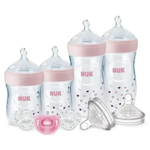Nuk - Mamadeiras Simply Natural com conjunto de presente SafeTemp, rosa, 4 mamadeiras, 3 chupetas e 2 bicos de mamadeira de reposição