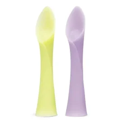 Ola Baby - Colher de treinamento de ponta macia 100% silicone para desmame conduzido por bebês, pacote com 2, limão/lilás