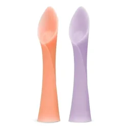 Ola Baby - Colher de treinamento de ponta macia 100% silicone para desmame conduzido por bebês, pacote com 2, coral/lilás