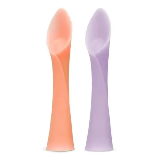 Ola Baby - Colher de treinamento de ponta macia 100% silicone para desmame conduzido por bebês, pacote com 2, coral/lilás