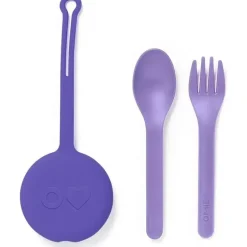 OmieBox - 2 unidades de garfo e colher de plástico reutilizáveis ​​com cápsula para crianças, ameixa roxa