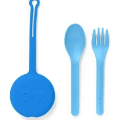 OmieBox - 2 unidades de garfo e colher de plástico reutilizáveis ​​com cápsula para crianças, azul Capri