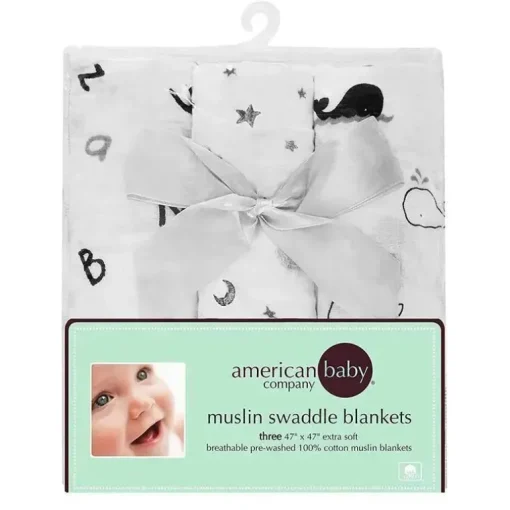 Pacote de 3 cobertores de musselina American Baby Company, preto e cinza