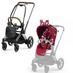 Pacote de carrinho Cybex E-Priam 2, estrutura cromada/marrom com assento anágua