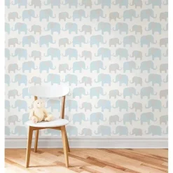 Papel de parede descascado e colado NuWallpaper Brewster Blue Elephant Parade, azul