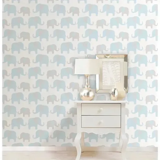 Papel de parede descascado e colado NuWallpaper Brewster Blue Elephant Parade, azul