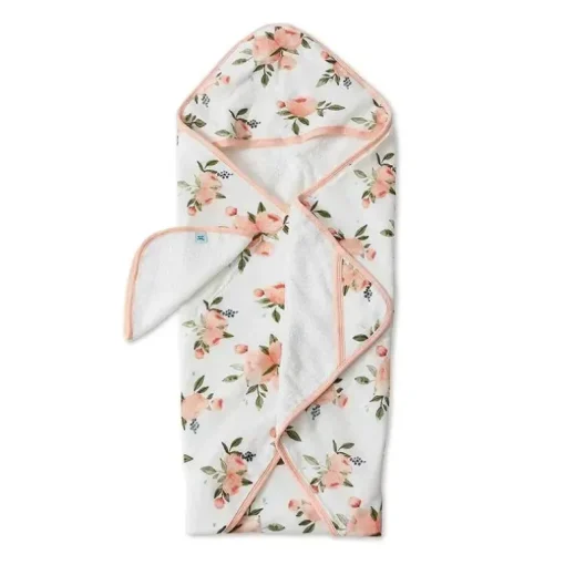 Pequeno unicórnio - toalha de algodão com capuz e pano de lavagem, rosas em aquarela