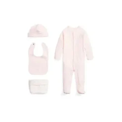 Polo Ralph Lauren Baby - 4 unidades de macacão interlock de manga comprida, babador, gorro e bolsa de malha estampada, azul berilo