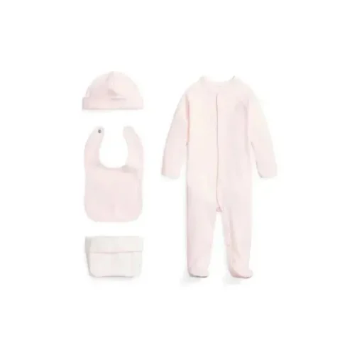 Polo Ralph Lauren Baby - 4 unidades de macacão interlock de manga comprida, babador, gorro e bolsa de malha estampada, azul berilo